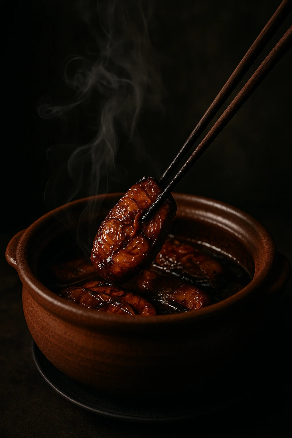 Vietnamese clay‑pot catfish (cá kho tộ) caramelizing in fish sauce, chopsticks poised mid‑lift — moody low‑key indoor lighting, aromatic smoke wisps frozen.