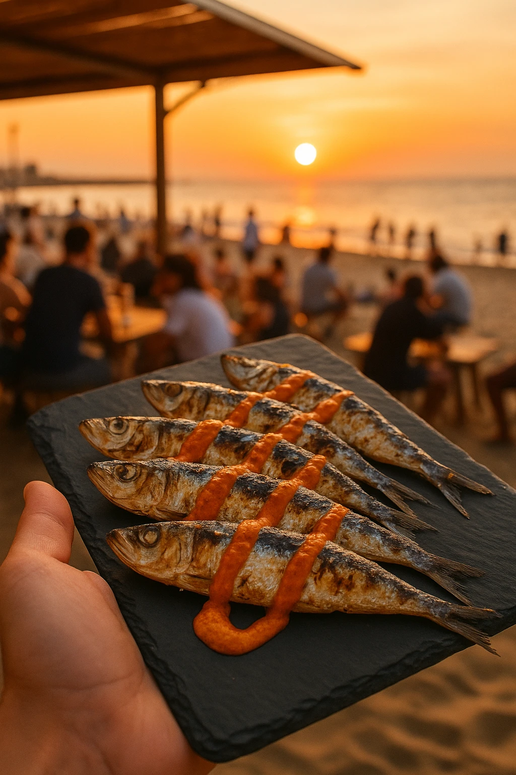 Spanish grilled sardines on slate with romesco drizzle, shot at a bustling Barcelona beach chiringuito — sunset amber tones, handheld lifestyle capture.