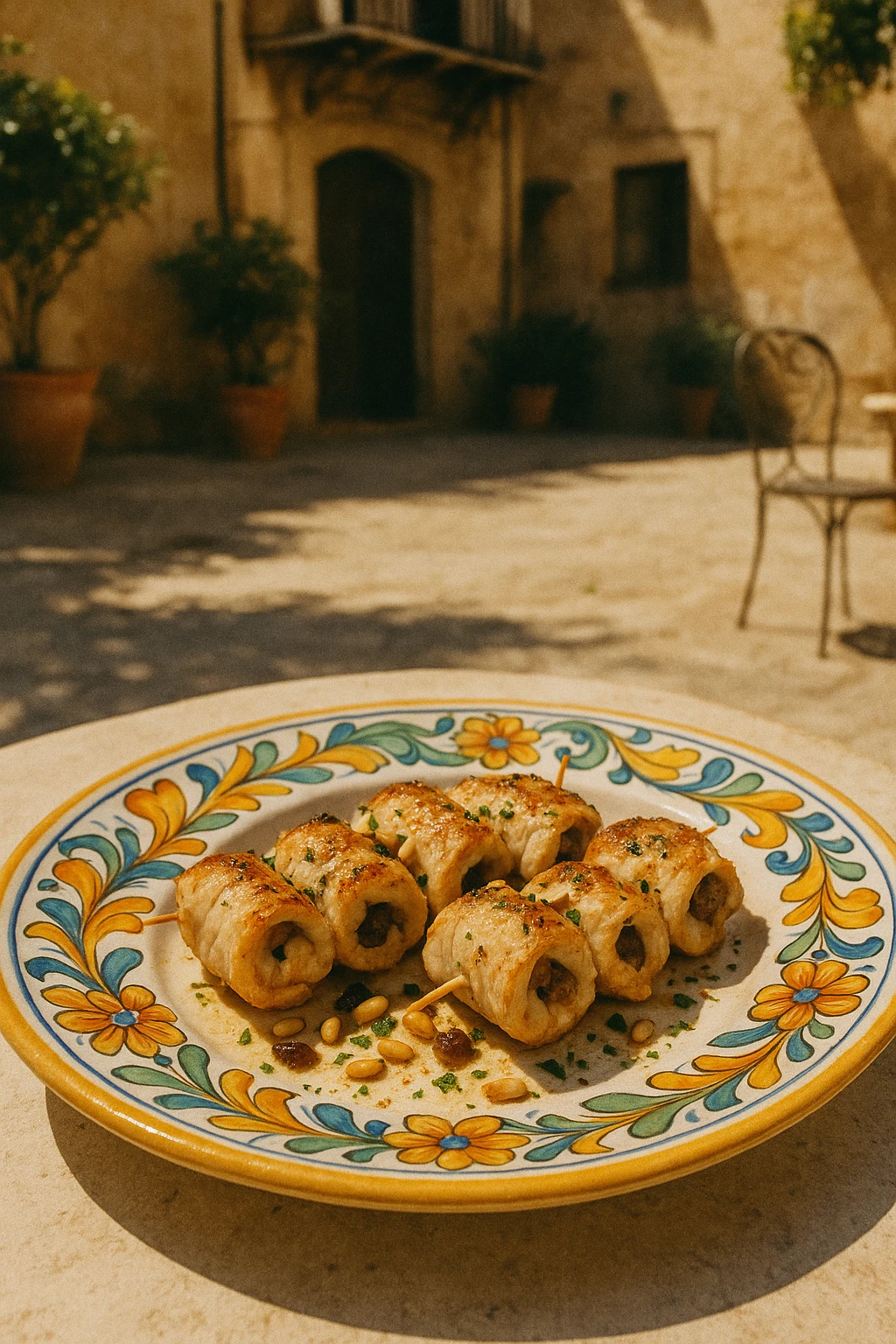 Sicilian swordfish involtini stuffed with pine nuts and raisins, plated on hand‑painted ceramic in an open‑air Palermo courtyard — warm midday sun, nostalgic film grain.