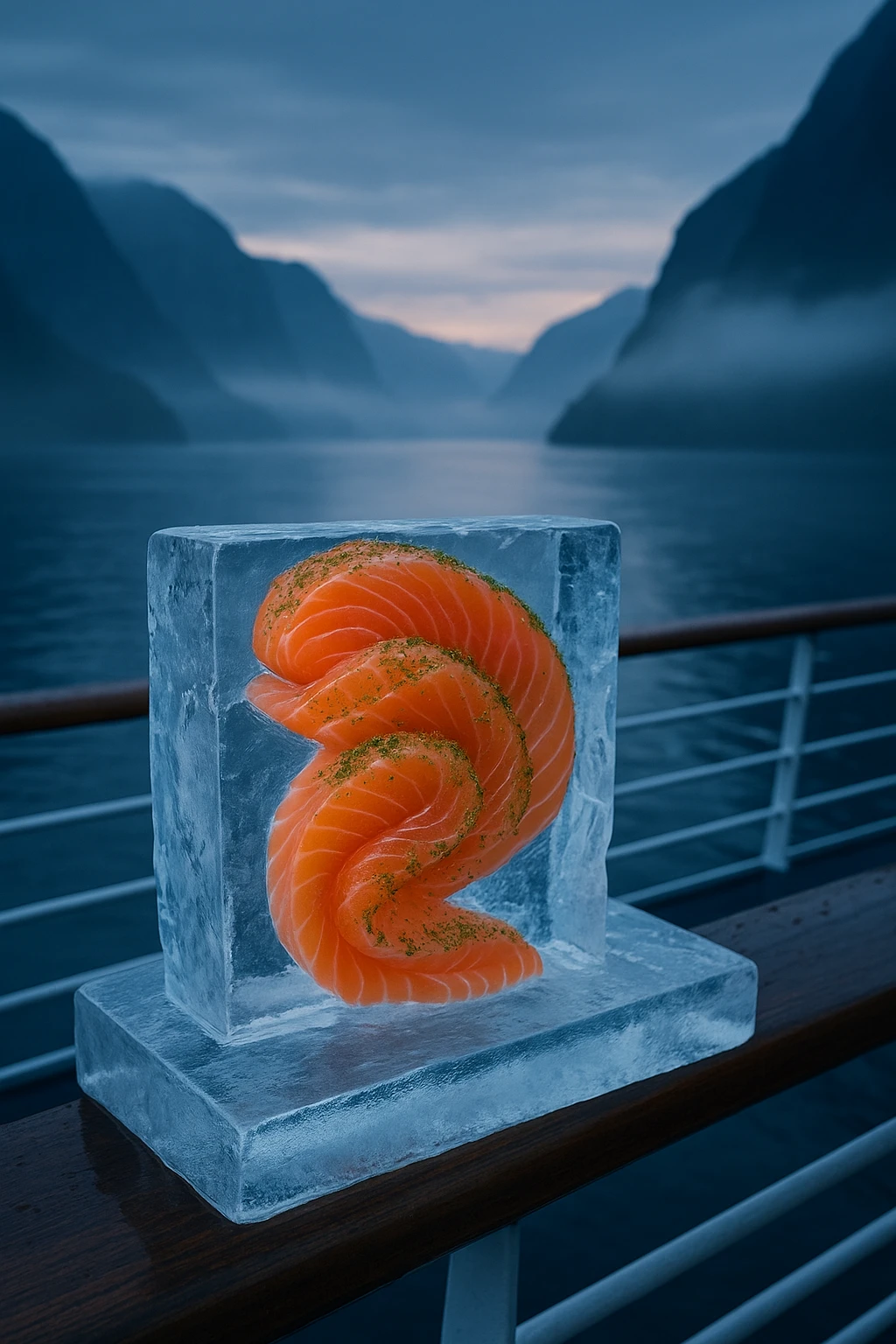 Ice‑block carving of fresh gravlax ribboned with dill pollen aboard a fjord cruise deck at dawn — blue‑hour mist, cinematic wide shot, cool Nordic tones.