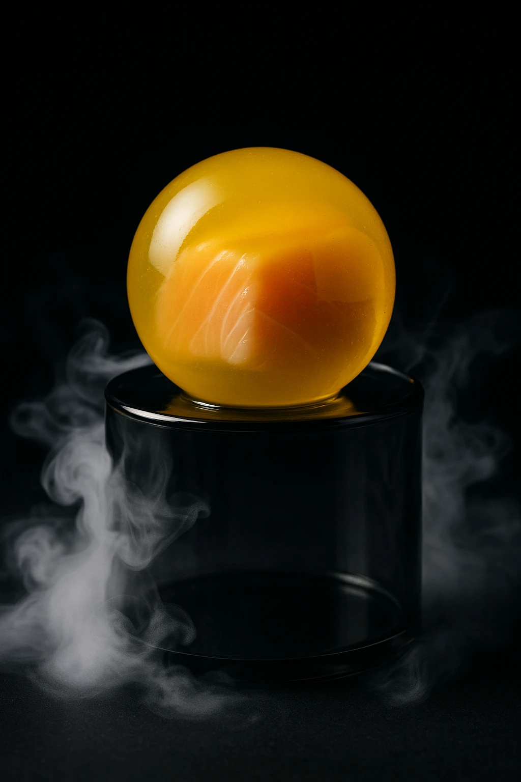 Modernist salmon mi‑cuit orb encased in yuzu gel, resting on smoked‑glass pedestal under dry‑ice fog — high‑contrast studio strobe, macro 100 mm clarity.
