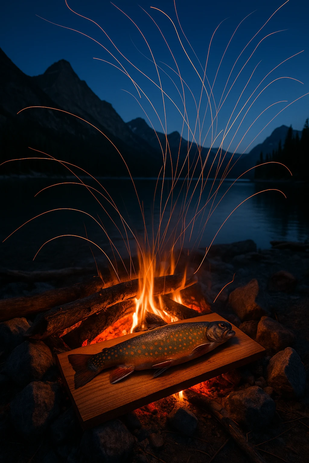 Campfire brook‑trout grilling on cedar plank beside alpine lake, sparks arcing into twilight sky — long‑exposure ember trails, rugged outdoor storytelling.