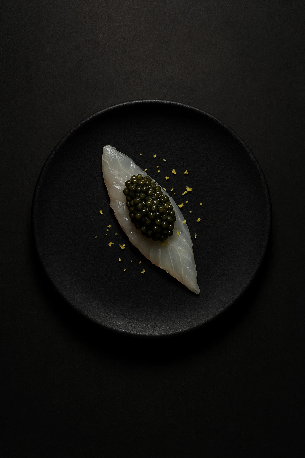 Dorade crudo topped with Osetra caviar pearls and citrus zest, presented on matte‑black basalt in a Michelin test kitchen — overhead key light, minimalist fine‑art composition.