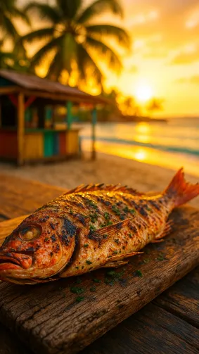 Whole red–snapper grilled over open flame, skin blistered and herb‑basted, plated on a weathered drift‑wood board at a rum‑shack beach bar in Barbados — golden sunset glow, handheld DSLR, vibrant tropical palette.
