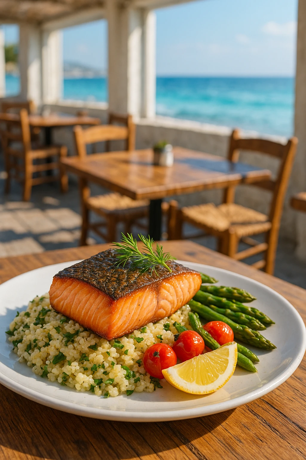 A perfectly pan-seared salmon fillet with crispy skin served at a seaside Mediterranean bistro. The fish rests on a bed of lemon herb quinoa, accompanied by roasted cherry tomatoes and sautéed asparagus. The plate is garnished with fresh dill and a lemon wedge. The background features rustic wooden tables, bright sunlight, and a view of the ocean through open windows.