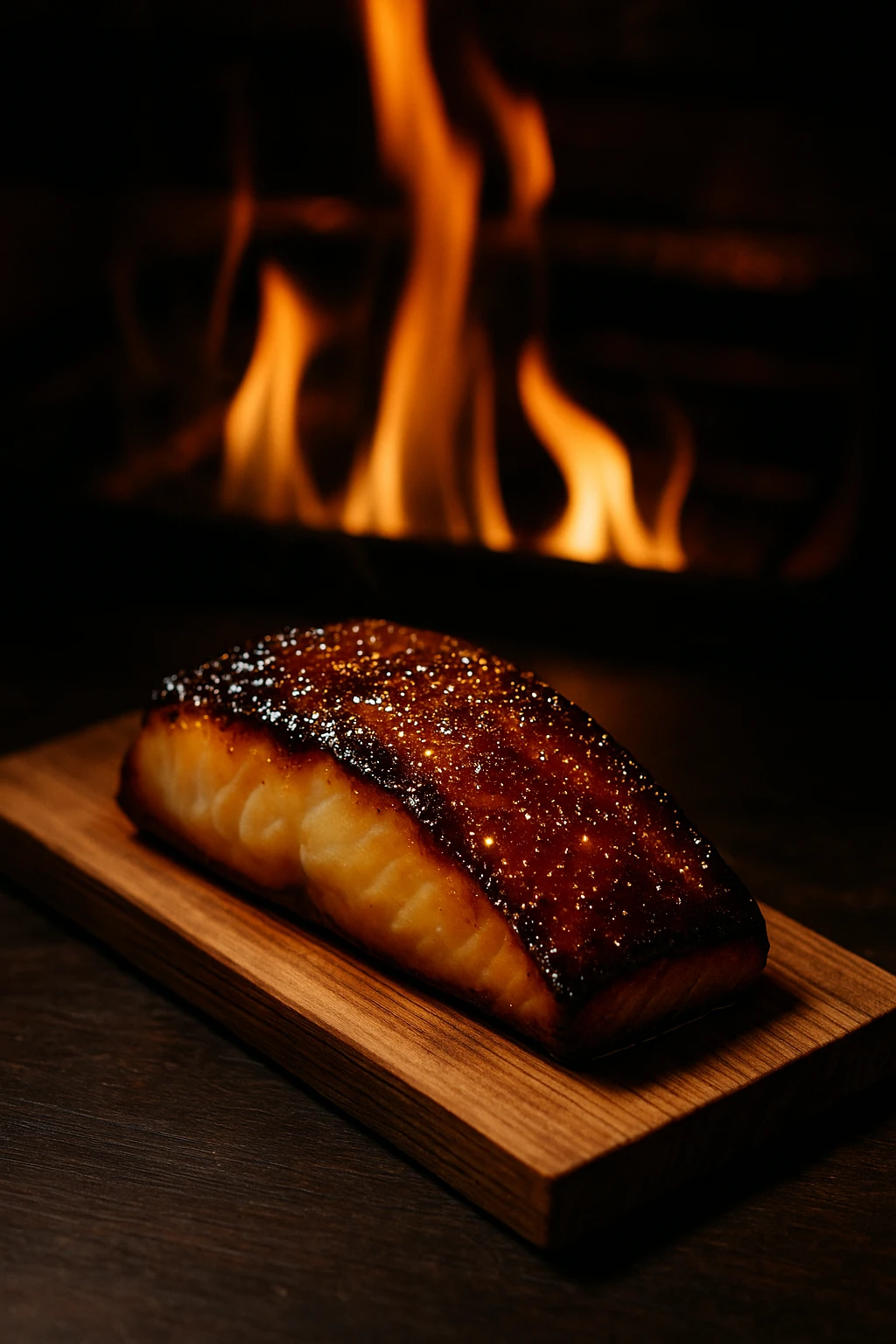 Miso-glazed black cod fillet under broiler flames, lacquered caramel crust sparkling, served on a cedar plank in a dim izakaya — dramatic chiaroscuro, 85 mm macro for glaze texture.