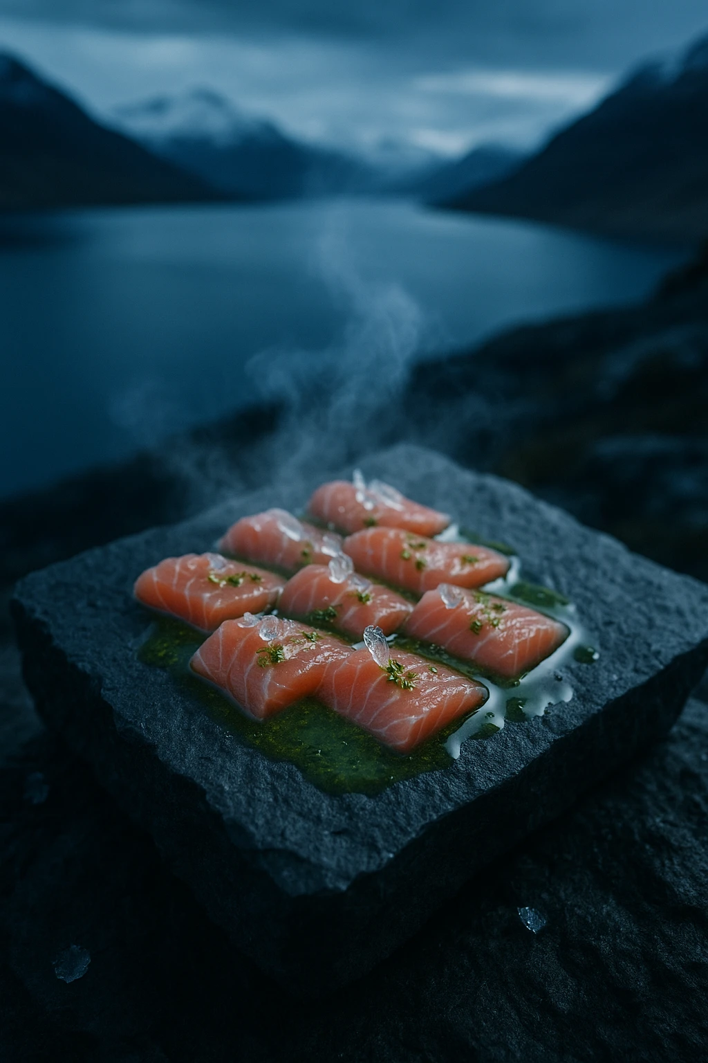Icelandic Arctic char crudo with Arctic thyme oil and glacier-ice crystals, photographed on volcanic basalt plate atop a blue-hour fjord overlook — cool cinematic tones, icy breath mist.
