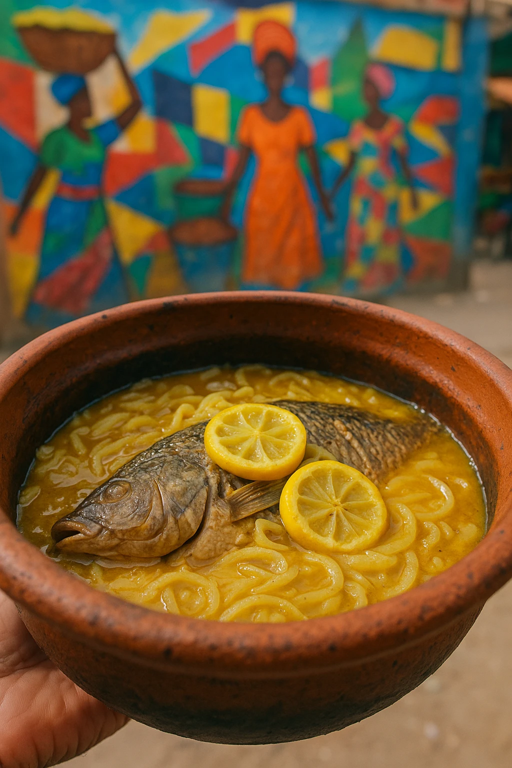 West African tilapia yassa simmering in lemon-onion sauce inside a clay pot, colorful Dakar mural in soft focus behind — vibrant street-market energy, handheld reportage style.
