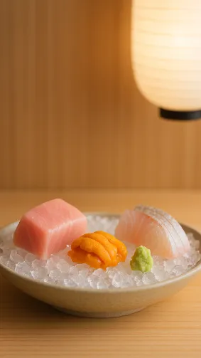 Omakase sashimi flight of bluefin toro, uni, and shima‑aji arranged on crushed ice at a minimalist Ginza sushi counter — cedar backdrop, soft washi‑paper lantern light, 85 mm macro capturing translucent flesh.