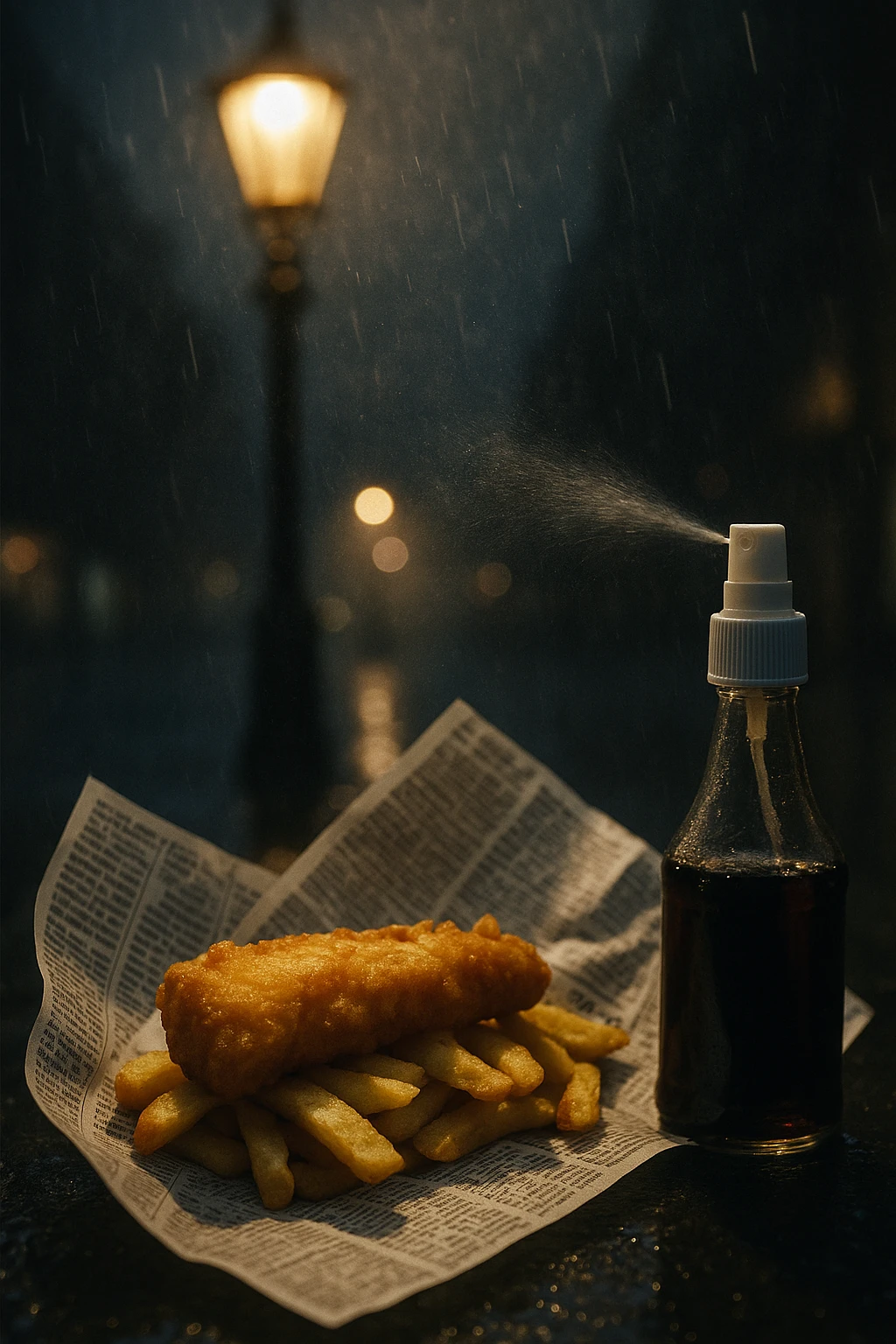 British fish‑and‑chips wrapped in faux‑newsprint, malt‑vinegar spray caught mid‑mist, shot under a rainy London streetlamp — tungsten halo, gritty candid vibe, 35 mm lens with shallow depth of field.