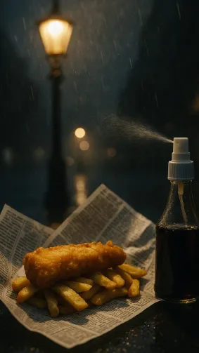 British fish‑and‑chips wrapped in faux‑newsprint, malt‑vinegar spray caught mid‑mist, shot under a rainy London streetlamp — tungsten halo, gritty candid vibe, 35 mm lens with shallow depth of field.