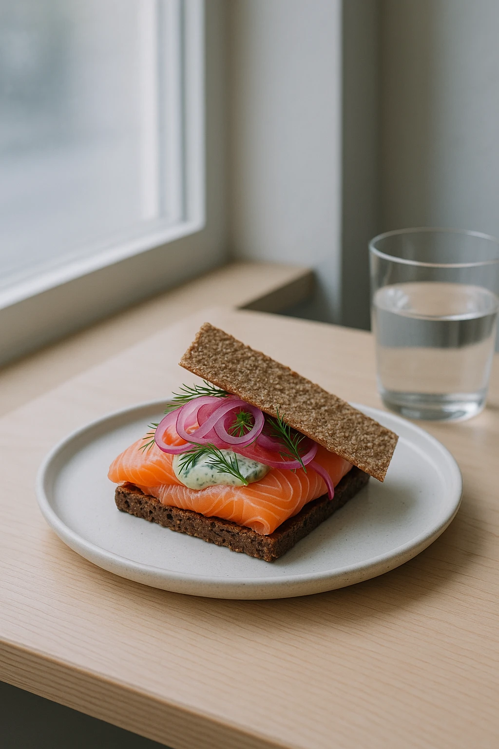 Nordic smoked‑salmon smørrebrød with dill crème, pickled red onion, and rye crisp on a birch‑wood table in a Copenhagen café — cool overcast window light, clean Scandinavian aesthetic.