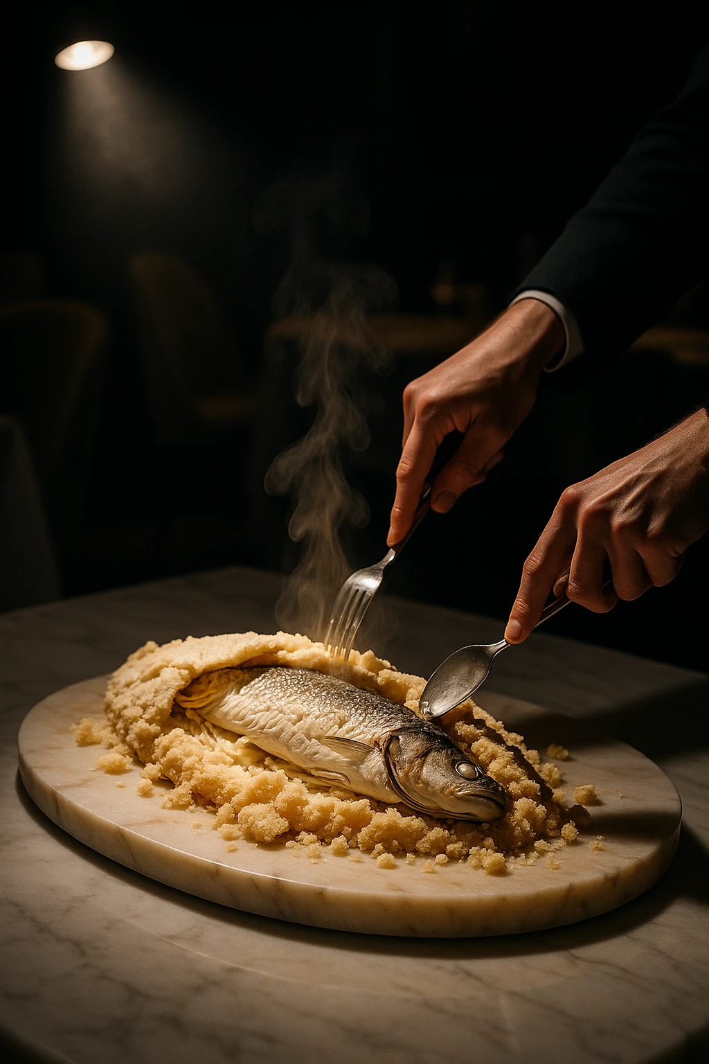 Salt‑crust‑baked Mediterranean branzino cracked tableside, citrus steam rising, served on alabaster marble in a Michelin dining room — theatrical spotlight, low‑key fine‑dining mood.