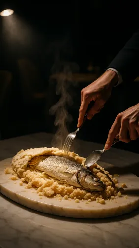 Salt‑crust‑baked Mediterranean branzino cracked tableside, citrus steam rising, served on alabaster marble in a Michelin dining room — theatrical spotlight, low‑key fine‑dining mood.