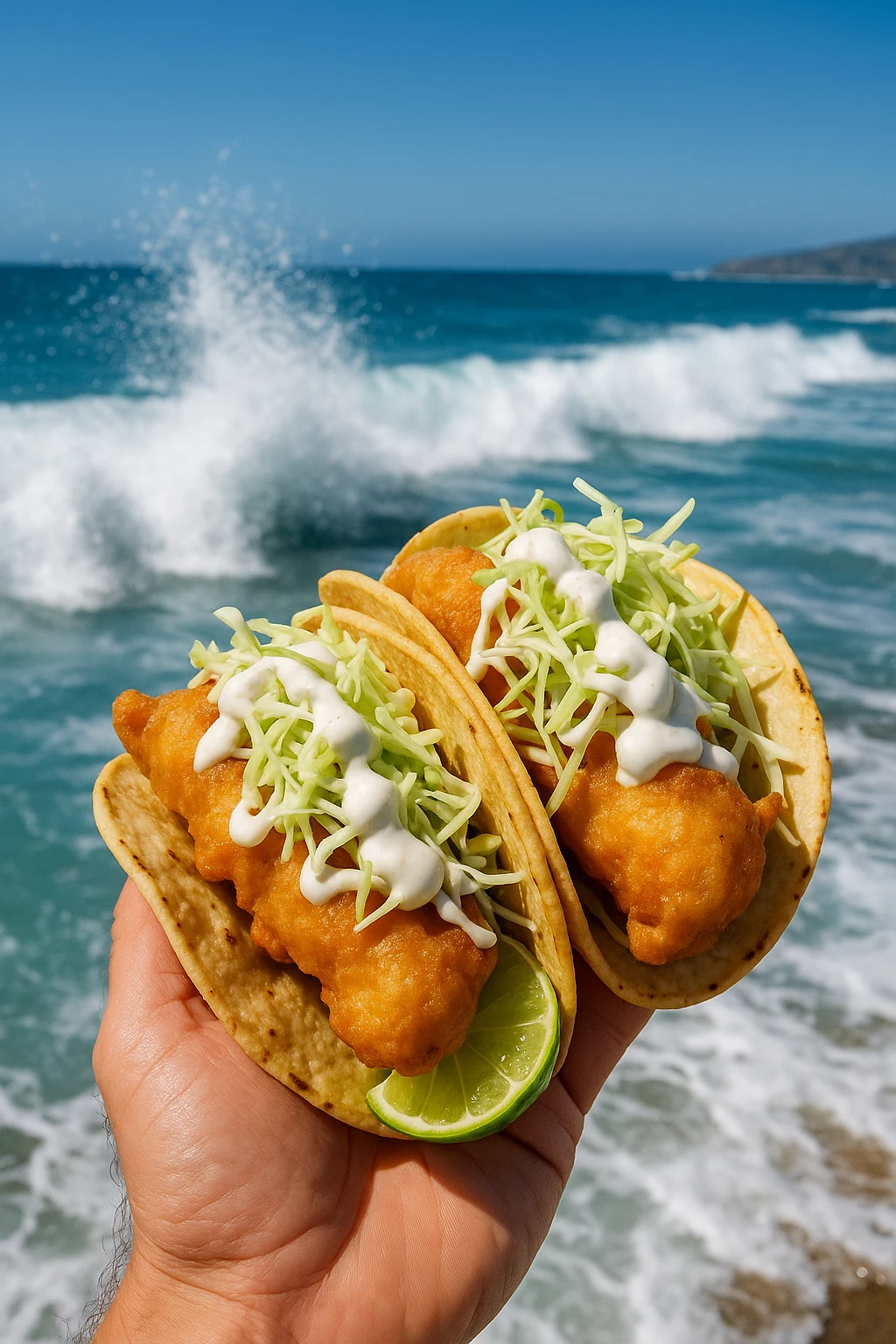 Baja beer‑battered fish tacos with lime crema and shredded cabbage, held surf‑side against crashing waves in Ensenada — bright midday sun, action freeze, vibrant coastal colors.