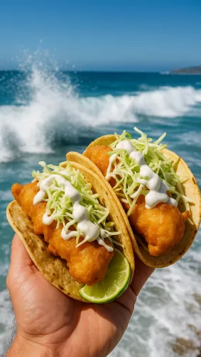 Baja beer‑battered fish tacos with lime crema and shredded cabbage, held surf‑side against crashing waves in Ensenada — bright midday sun, action freeze, vibrant coastal colors.