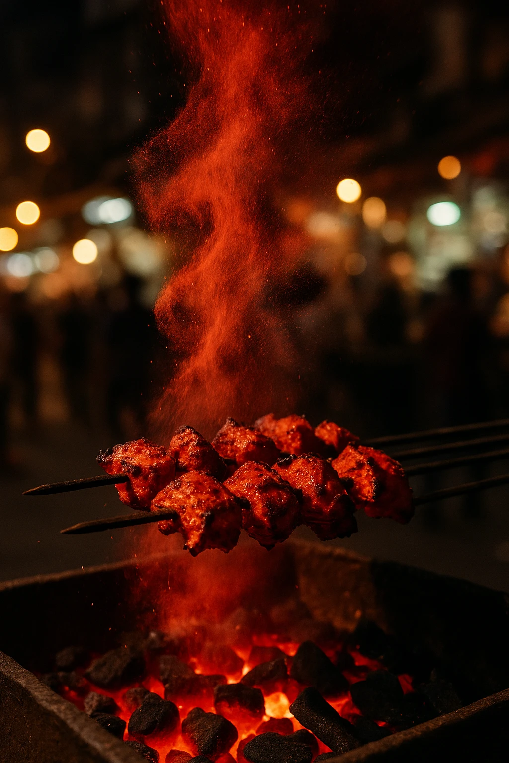 Tandoori masala sea‑bass tikka skewers sizzling above glowing charcoal in a Delhi night market — crimson spice plume, high shutter speed, street‑food energy.