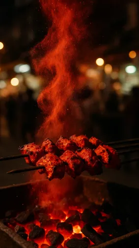 Tandoori masala sea‑bass tikka skewers sizzling above glowing charcoal in a Delhi night market — crimson spice plume, high shutter speed, street‑food energy.