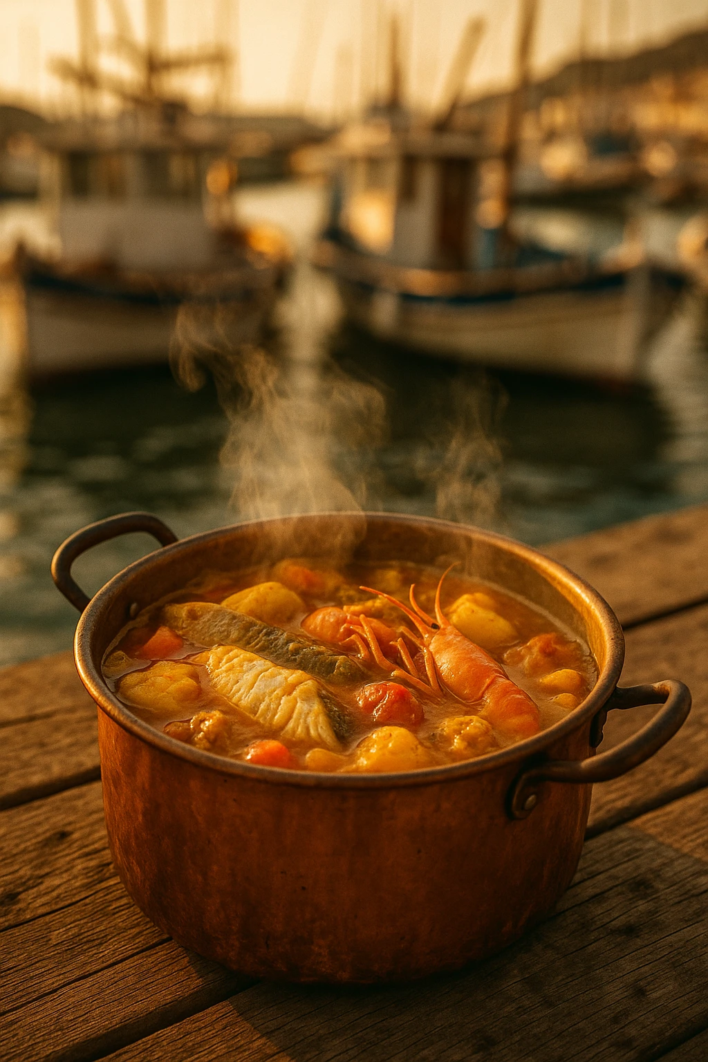 Classic Marseille bouillabaisse bubbling in a copper pot on a wooden pier, fishing boats blurred behind — golden hour, rustic reportage style, aromatic steam trails.