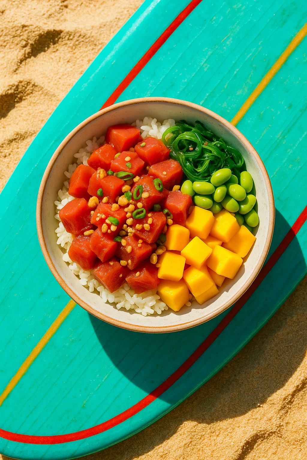 Hawaiian ahi poke bowl with macadamia crunch and mango cubes, captured aerially on a surfboard deck in Waikiki — bright tropical daylight, punchy saturation.
