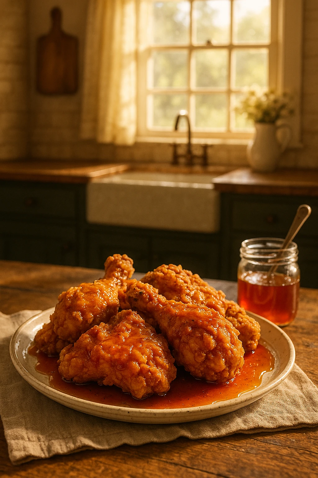 Buttermilk fried-chicken platter drizzled with hot honey in Southern farmhouse kitchen — warm window light, nostalgic country vibe.