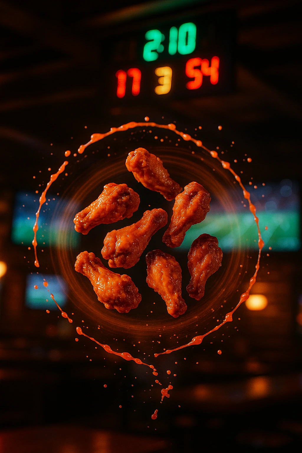 Buffalo wings mid-air toss, orange sauce spray halo in sports bar — slow-shutter motion, LED scoreboard glow.