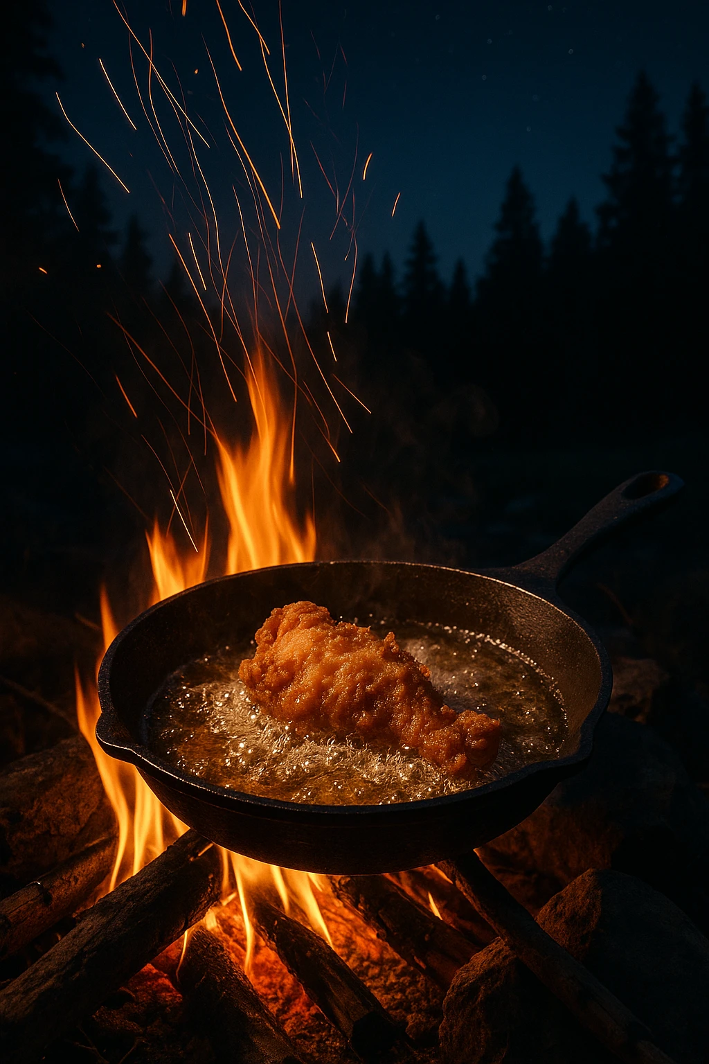 Beer-battered chicken frying over campfire skillet, sparks streak — rugged wilderness storytelling, night sky above.