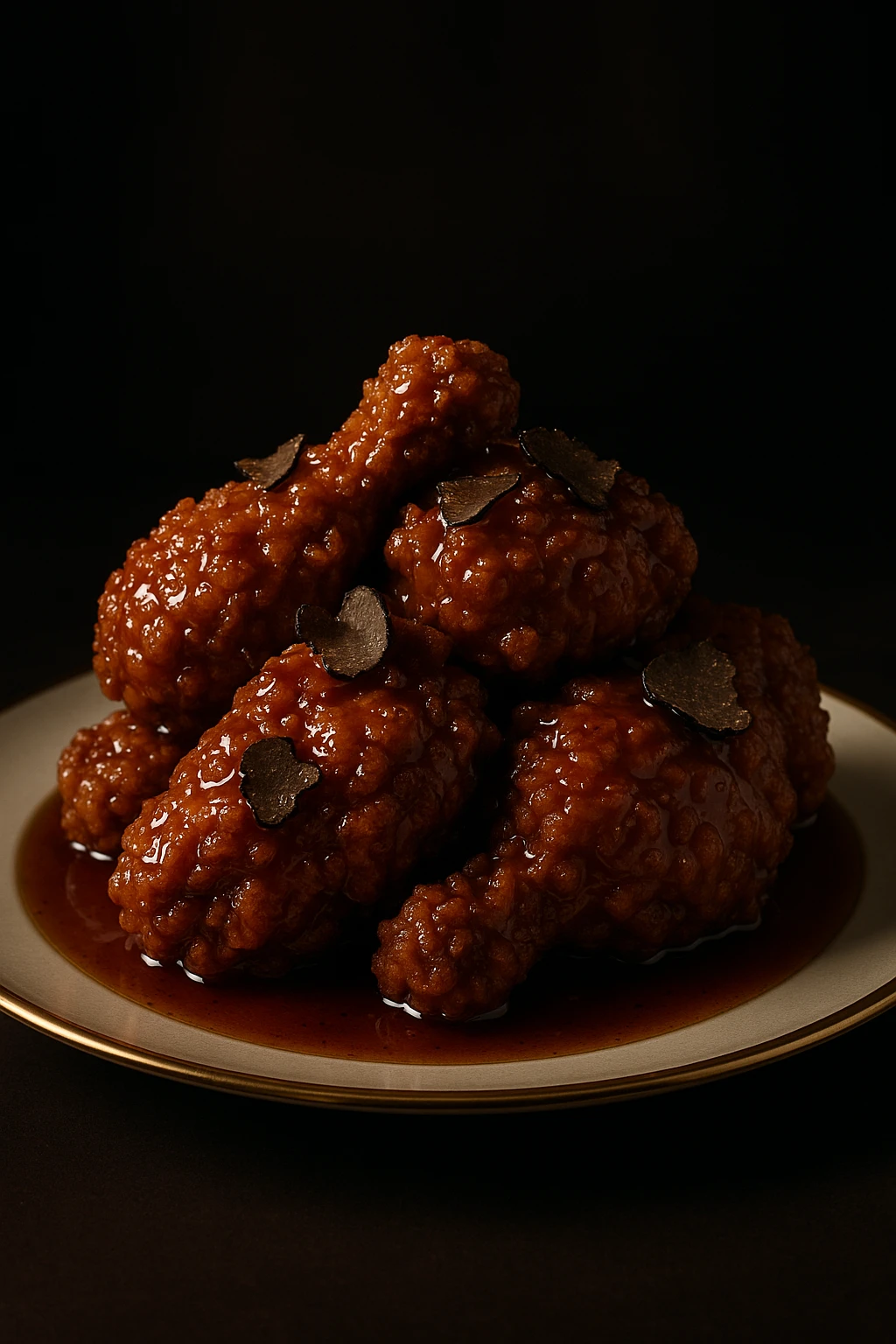 Truffle-honey glazed luxury fried chicken on gold rim plate — opulent low-key lighting, high-end magazine finish.