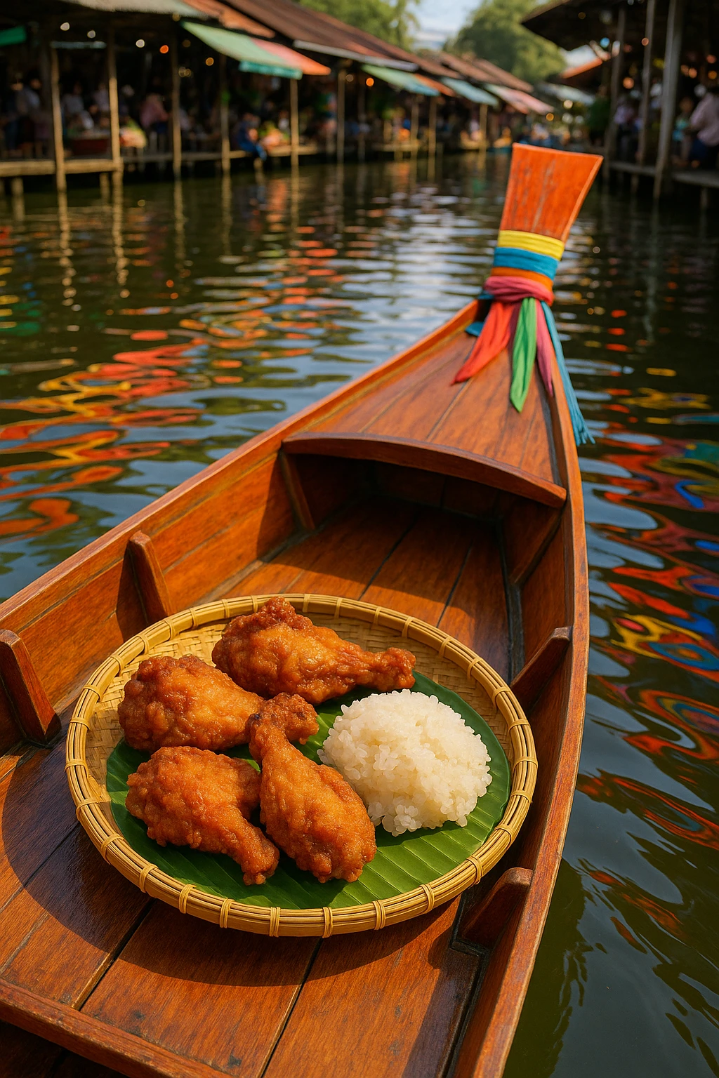 Thai fried chicken with sticky rice in long-tail boat at floating market — vibrant canal reflections, cultural energy.