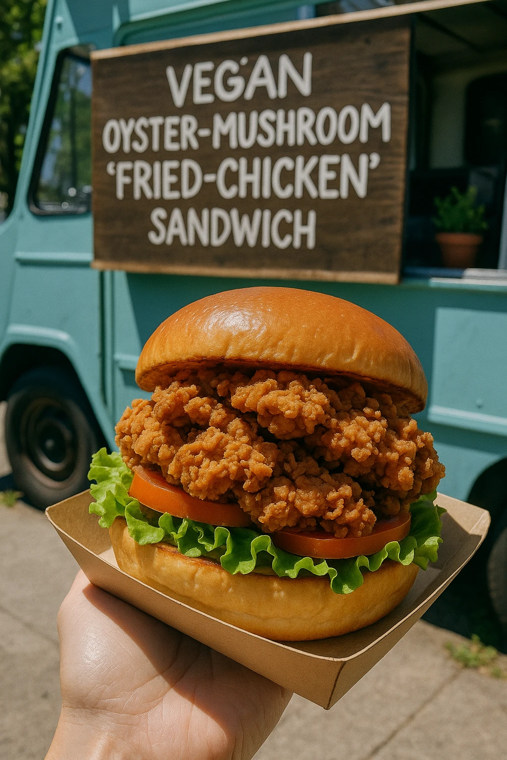 Vegan oyster-mushroom ‘fried-chicken’ sandwich at zero-waste food truck — eco-friendly vibe, bright daylight.