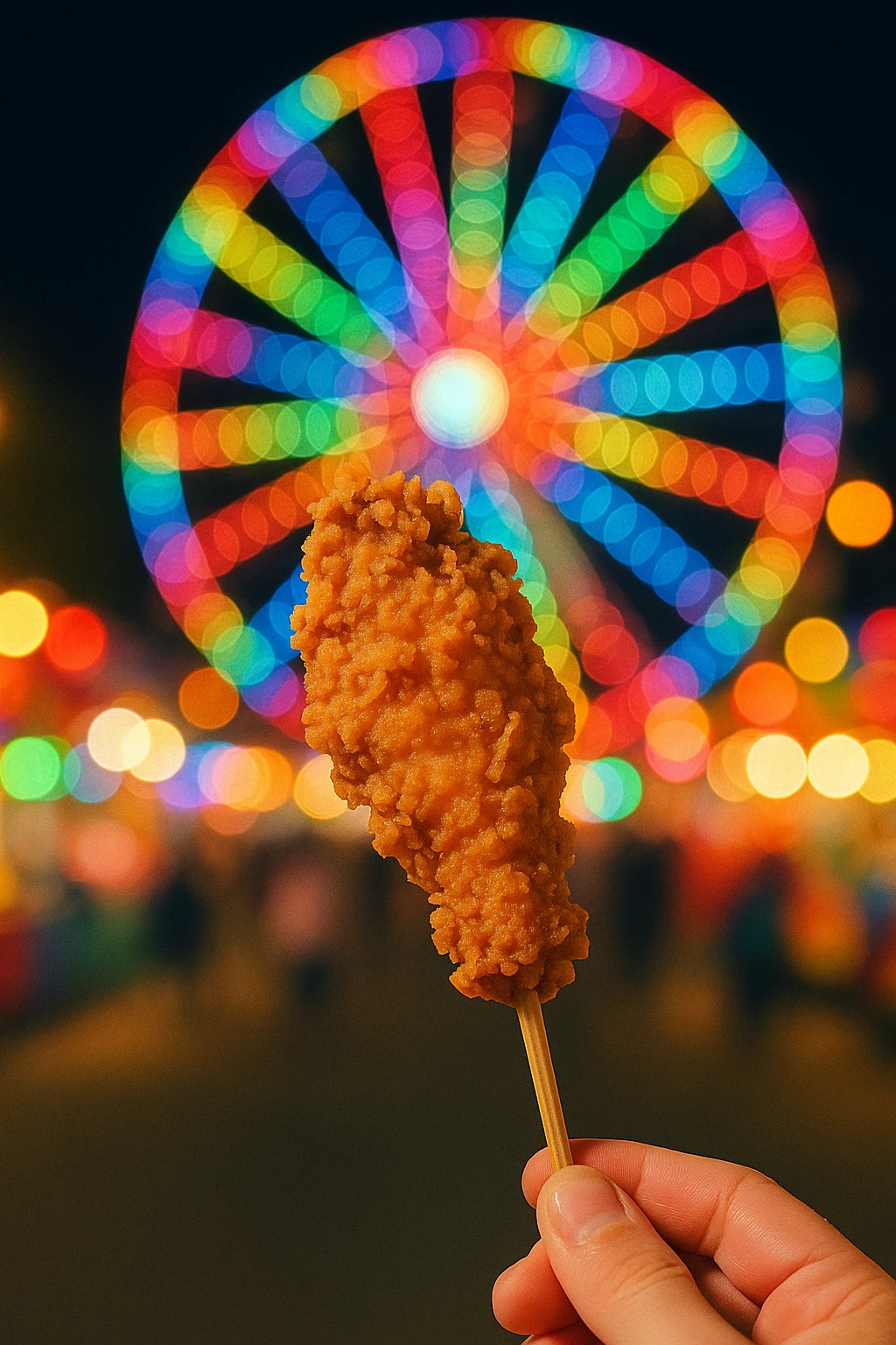 Carnival fried chicken-on-a-stick against ferris-wheel bokeh — handheld funfair color explosion.