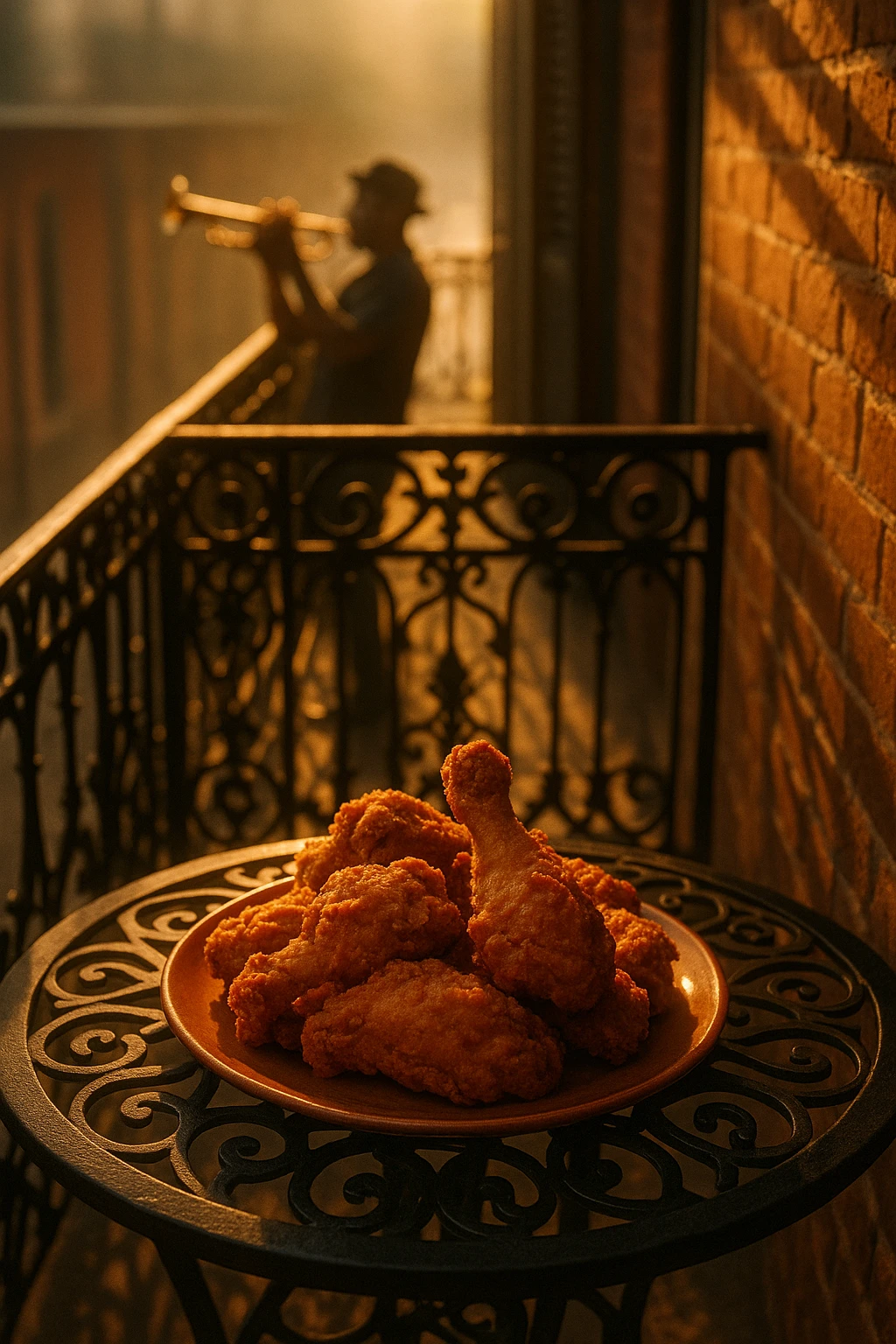 Louisiana Cajun fried chicken balcony shot, wrought-iron shadows — sultry humid glow, jazz trumpeter blur.