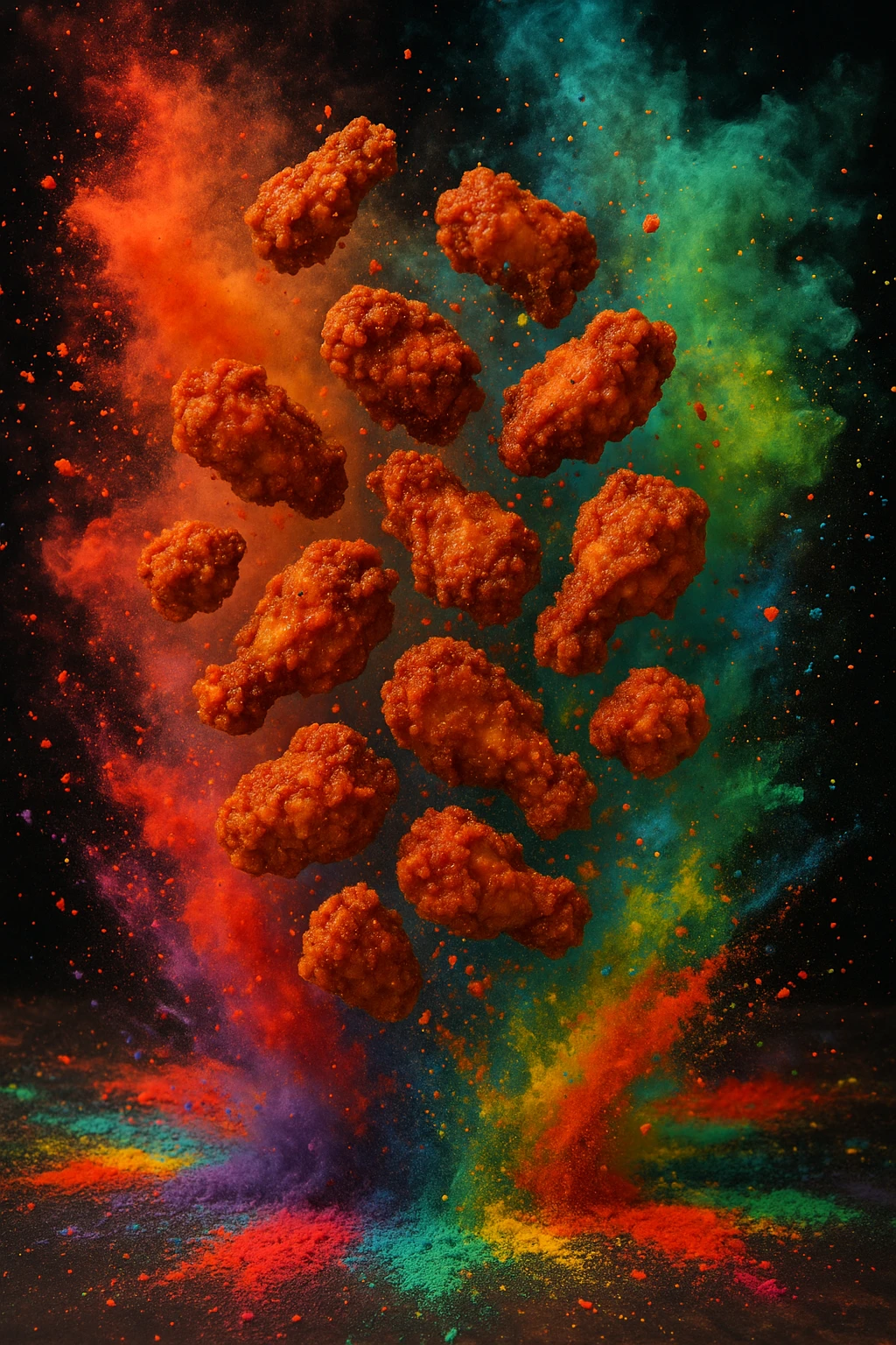 Indian masala fried-chicken bites tossed during Holi, spice clouds swirling — bold pigment splashes, freeze frame.
