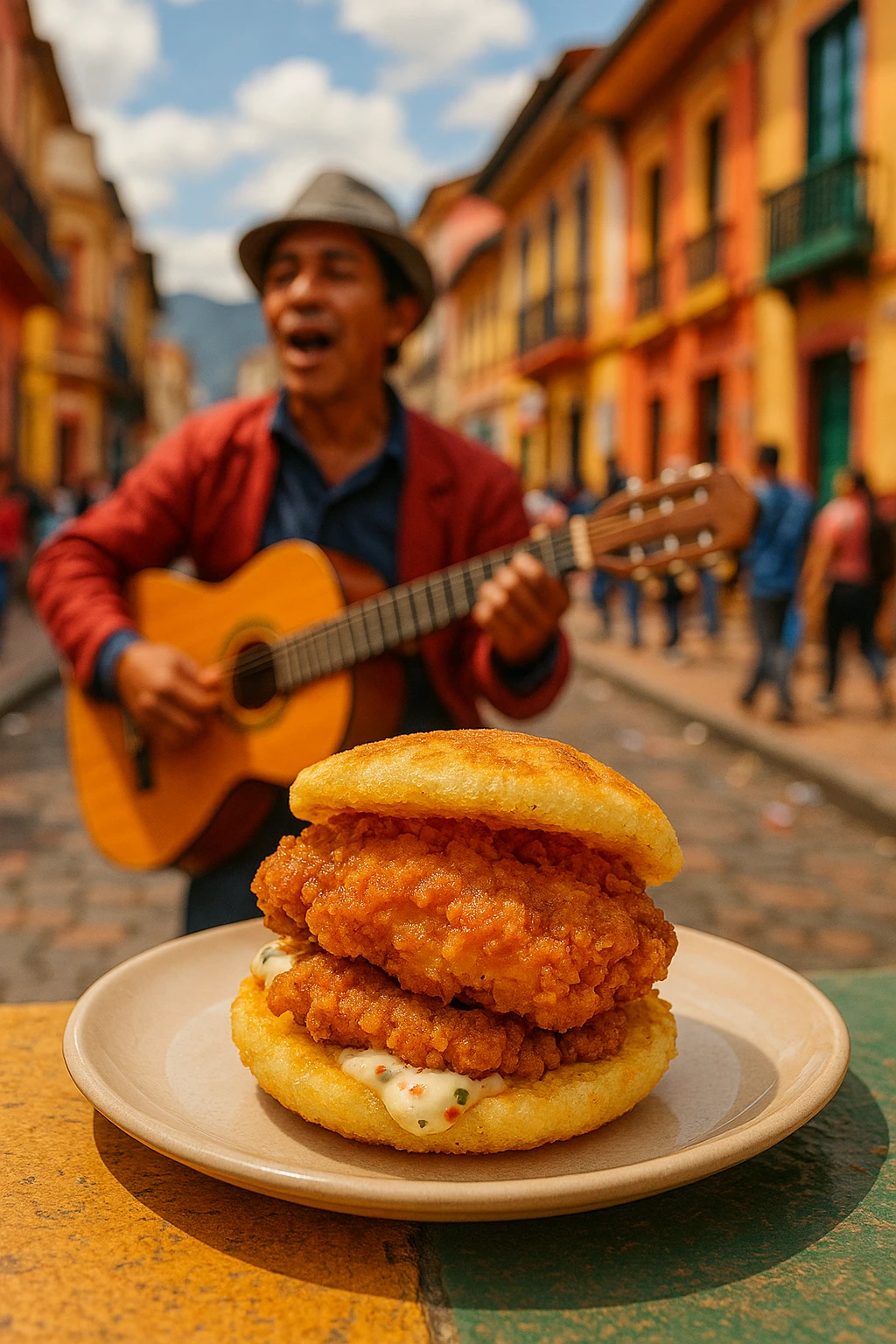 Colombian fried chicken arepa slider with aji sauce, street musician backdrop — lively Bogotá energy.