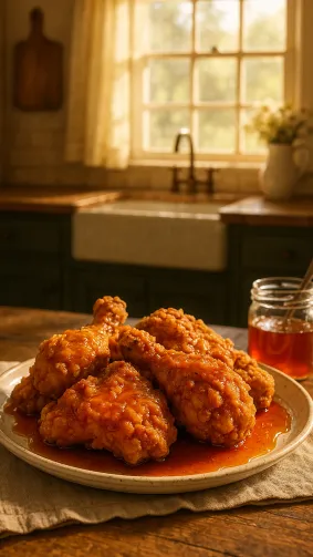 Buttermilk fried-chicken platter drizzled with hot honey in Southern farmhouse kitchen — warm window light, nostalgic country vibe.