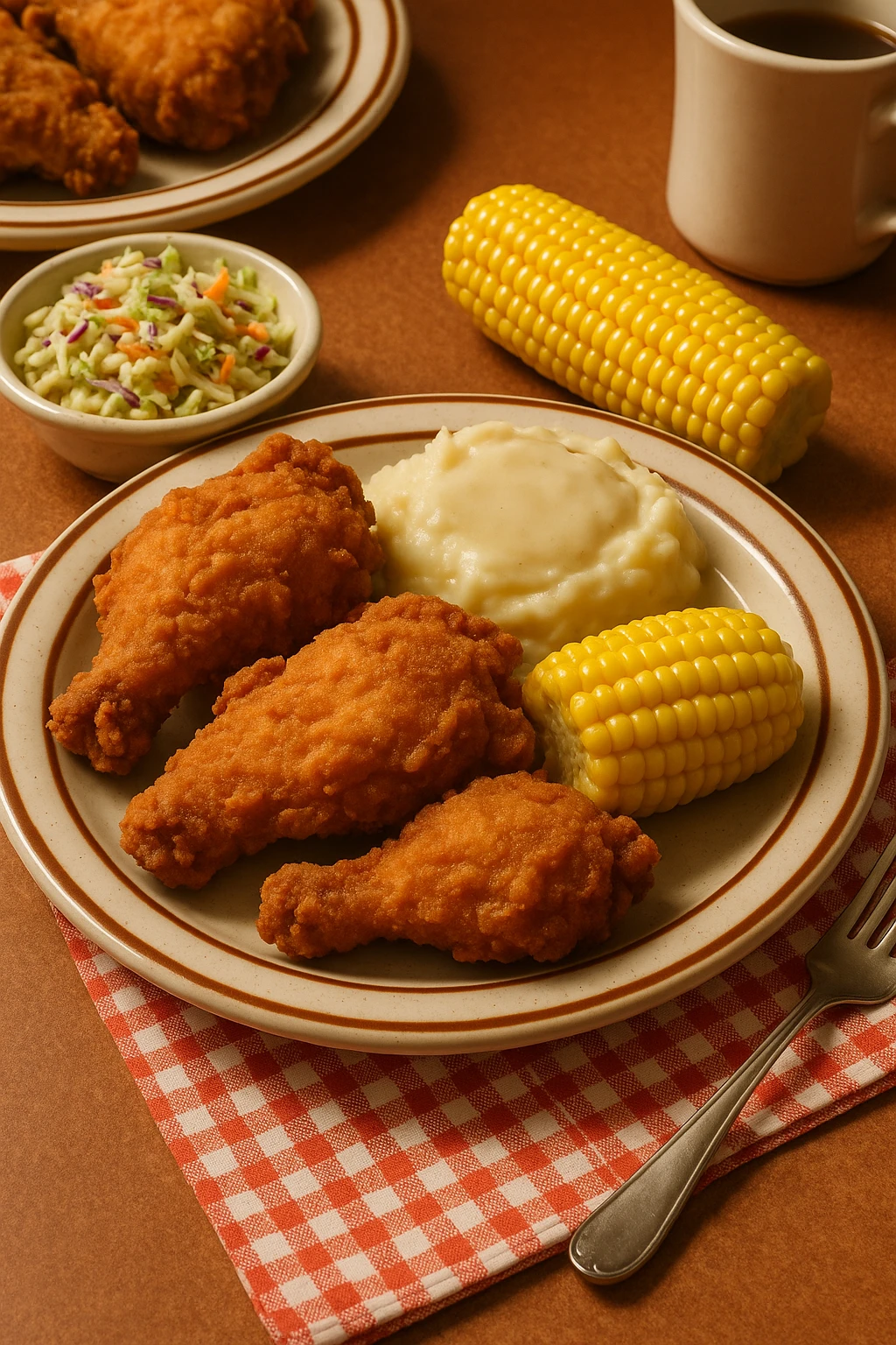 A crispy southern-style fried chicken platter served at a classic American diner. Golden-brown chicken pieces with a crunchy coating, accompanied by creamy mashed potatoes, buttery corn on the cob, and a side of homemade coleslaw. The table is set with vintage diner plates and checkered napkins under warm, inviting lighting.