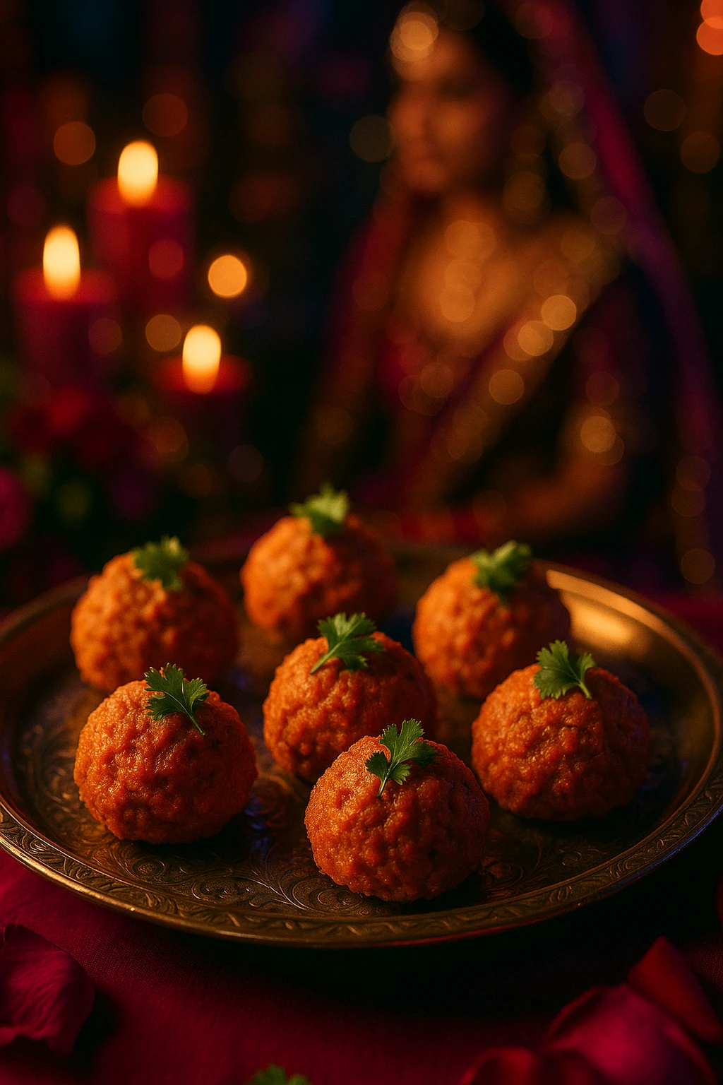 Butter-chicken fried ball appetizers plated on copper at Bollywood wedding — rich jewel tones, cinematic lighting.