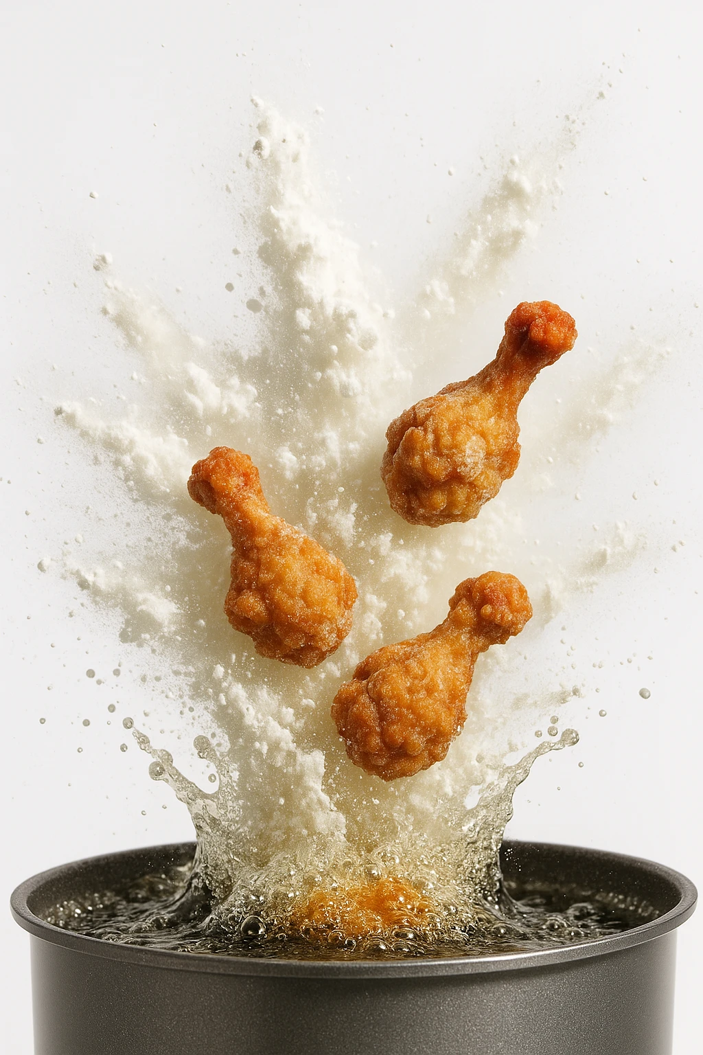 Flour explosion around drumettes dropped into fryer — high-speed strobe, white studio background.
