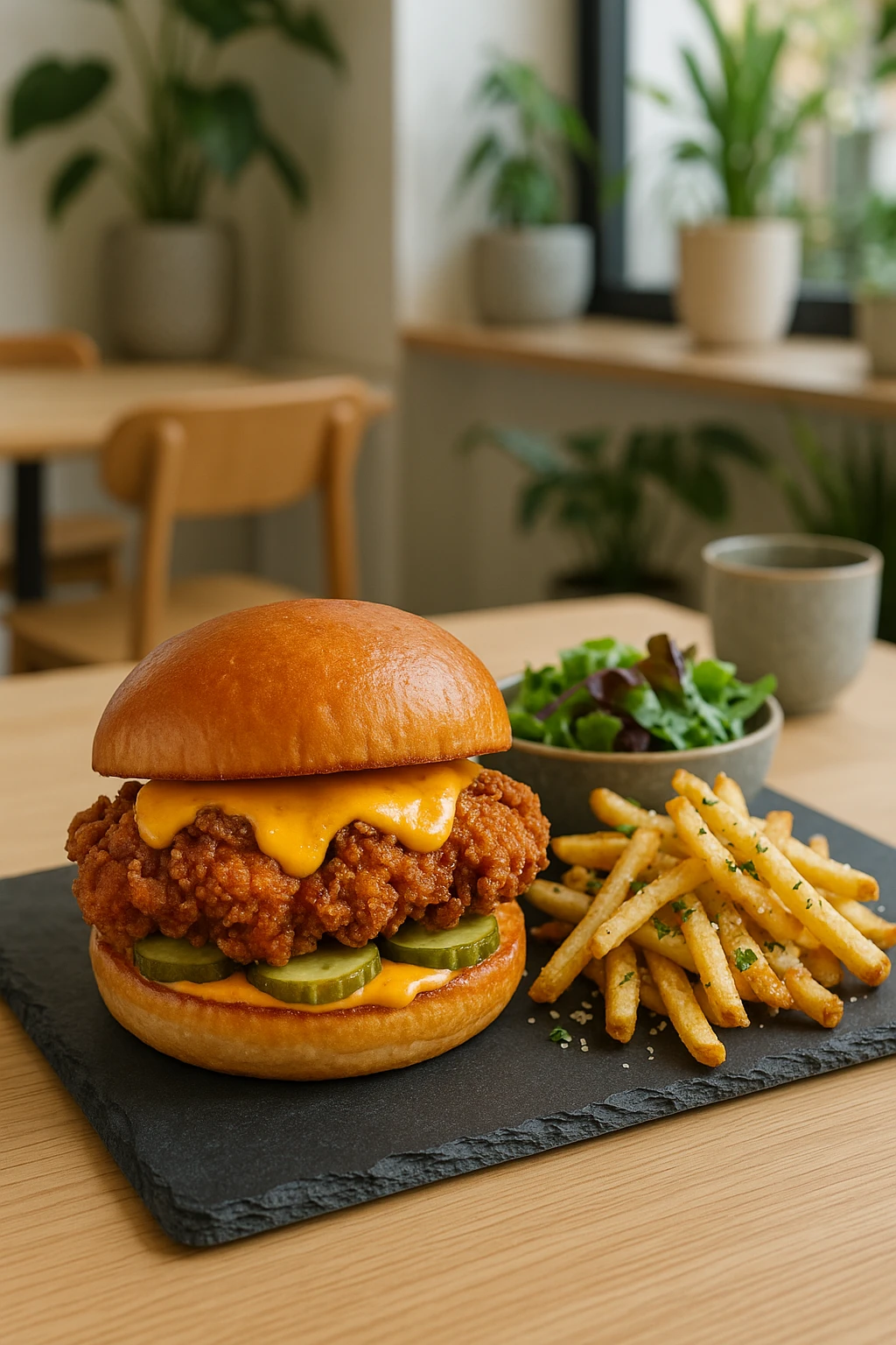 A gourmet fried chicken sandwich served at a chic café. A crunchy fried chicken breast tucked inside a toasted brioche bun with melted cheddar, pickles, and spicy aioli. The sandwich is presented on a slate board with a side of truffle fries and a small salad. The interior is bright and modern with greenery and artisanal tableware.