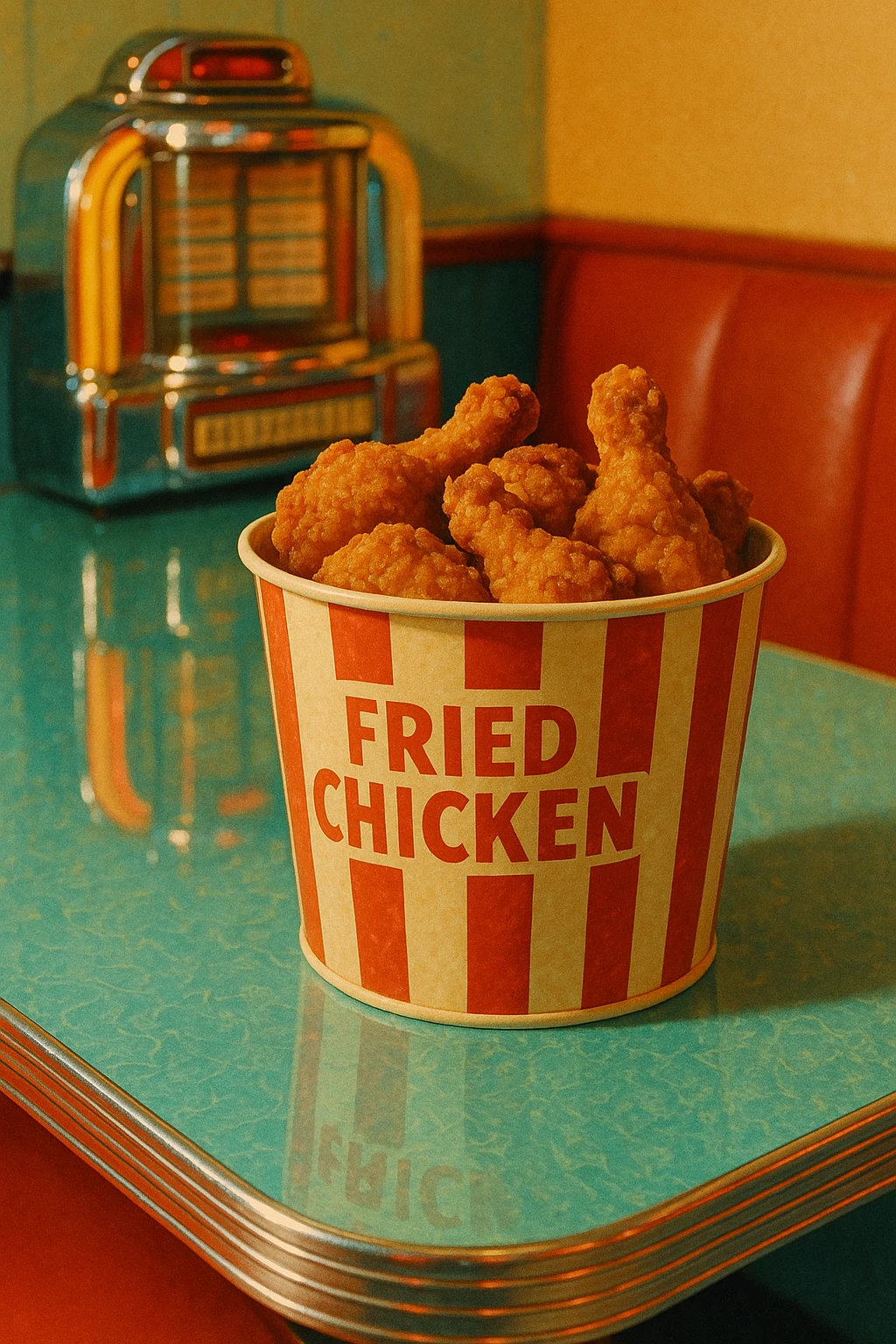 Retro diner bucket of fried chicken on Formica table, jukebox reflection — saturated 1950s palette, cozy nostalgia.