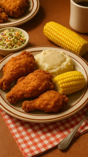 A crispy southern-style fried chicken platter served at a classic American diner. Golden-brown chicken pieces with a crunchy coating, accompanied by creamy mashed potatoes, buttery corn on the cob, and a side of homemade coleslaw. The table is set with vintage diner plates and checkered napkins under warm, inviting lighting.