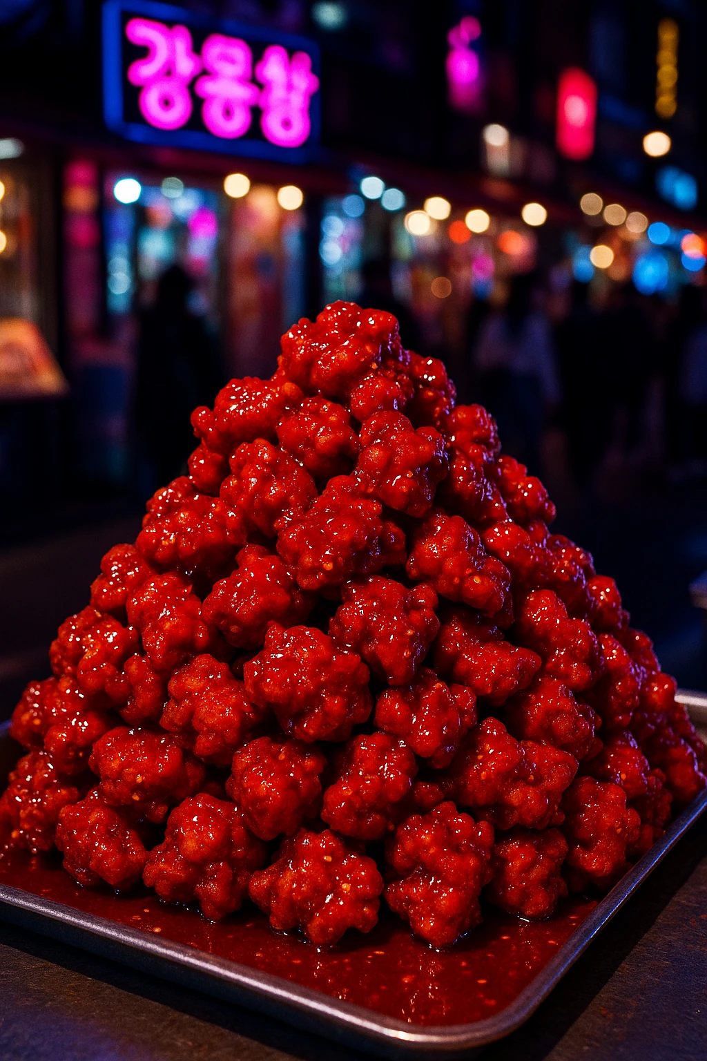 Korean yangnyeom chicken mound in Hongdae night market stall — vivid red glaze, handheld street flash, K-pop glow.