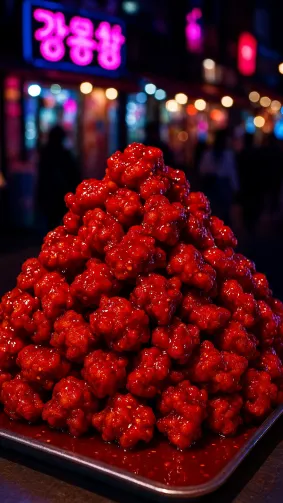 Korean yangnyeom chicken mound in Hongdae night market stall — vivid red glaze, handheld street flash, K-pop glow.