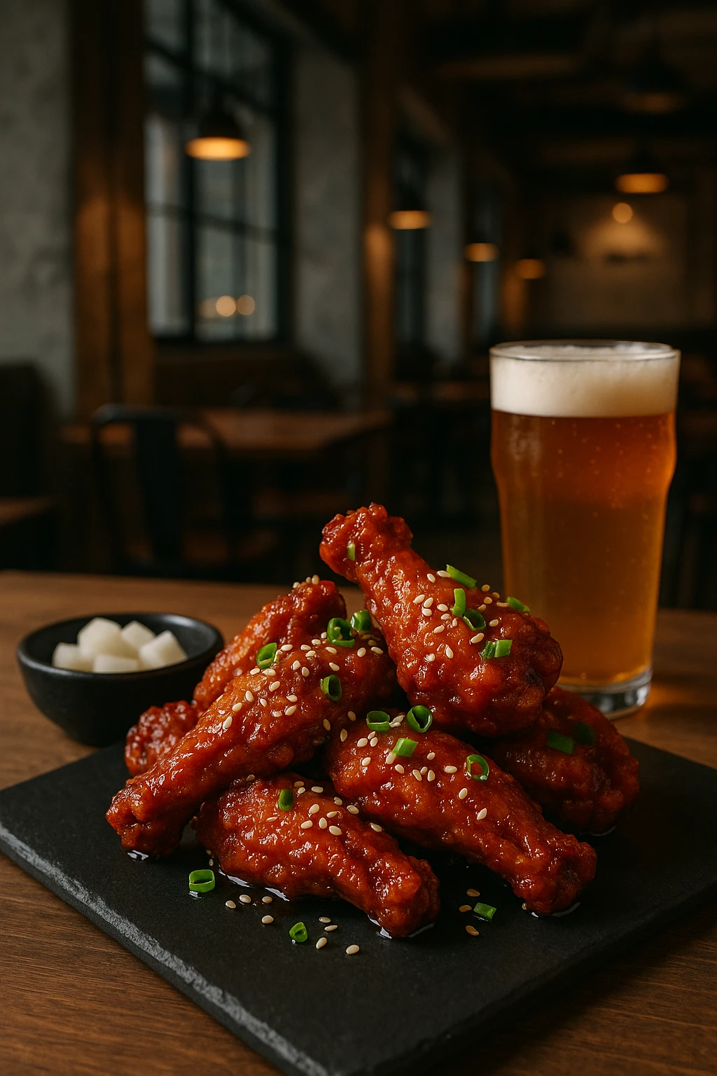 A Korean fried chicken meal at a trendy urban eatery. Double-fried chicken wings glazed with a shiny, spicy gochujang sauce, garnished with sesame seeds and scallions. Served with pickled radish cubes and cold beer on a minimalist black slate plate. The modern restaurant interior features industrial design elements and soft mood lighting.