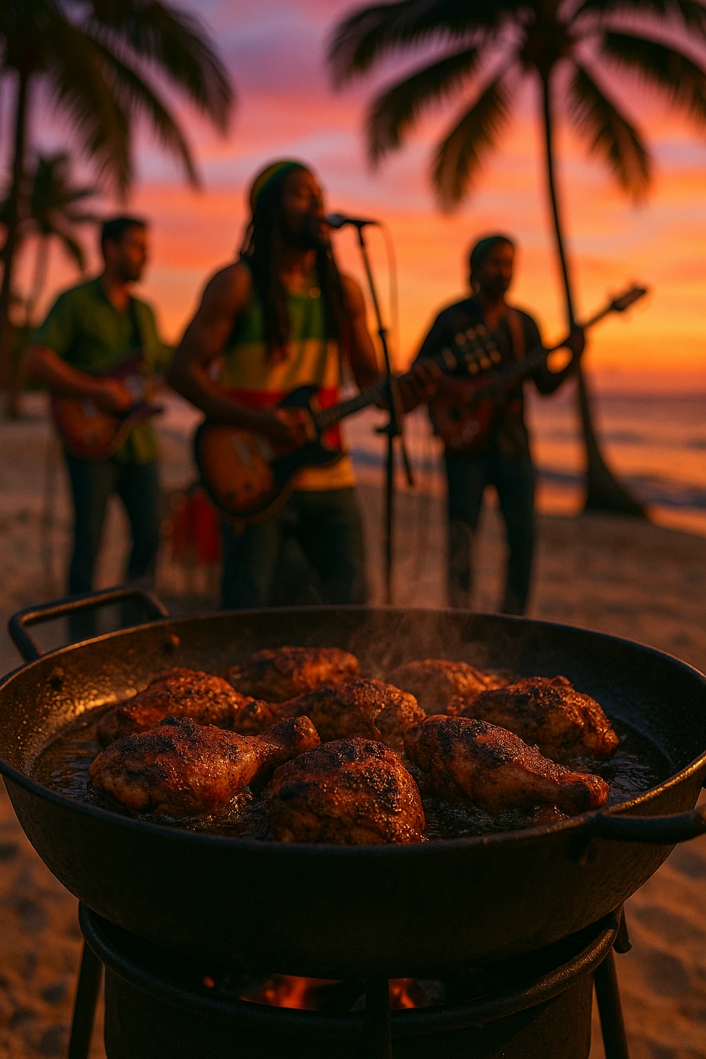 Jamaican jerk fried chicken sizzling in drum pan at beach bash — reggae band blur, tropical sunset palette.