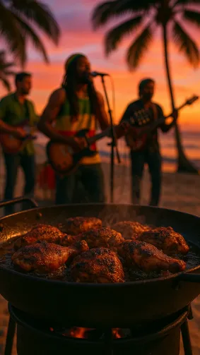 Jamaican jerk fried chicken sizzling in drum pan at beach bash — reggae band blur, tropical sunset palette.