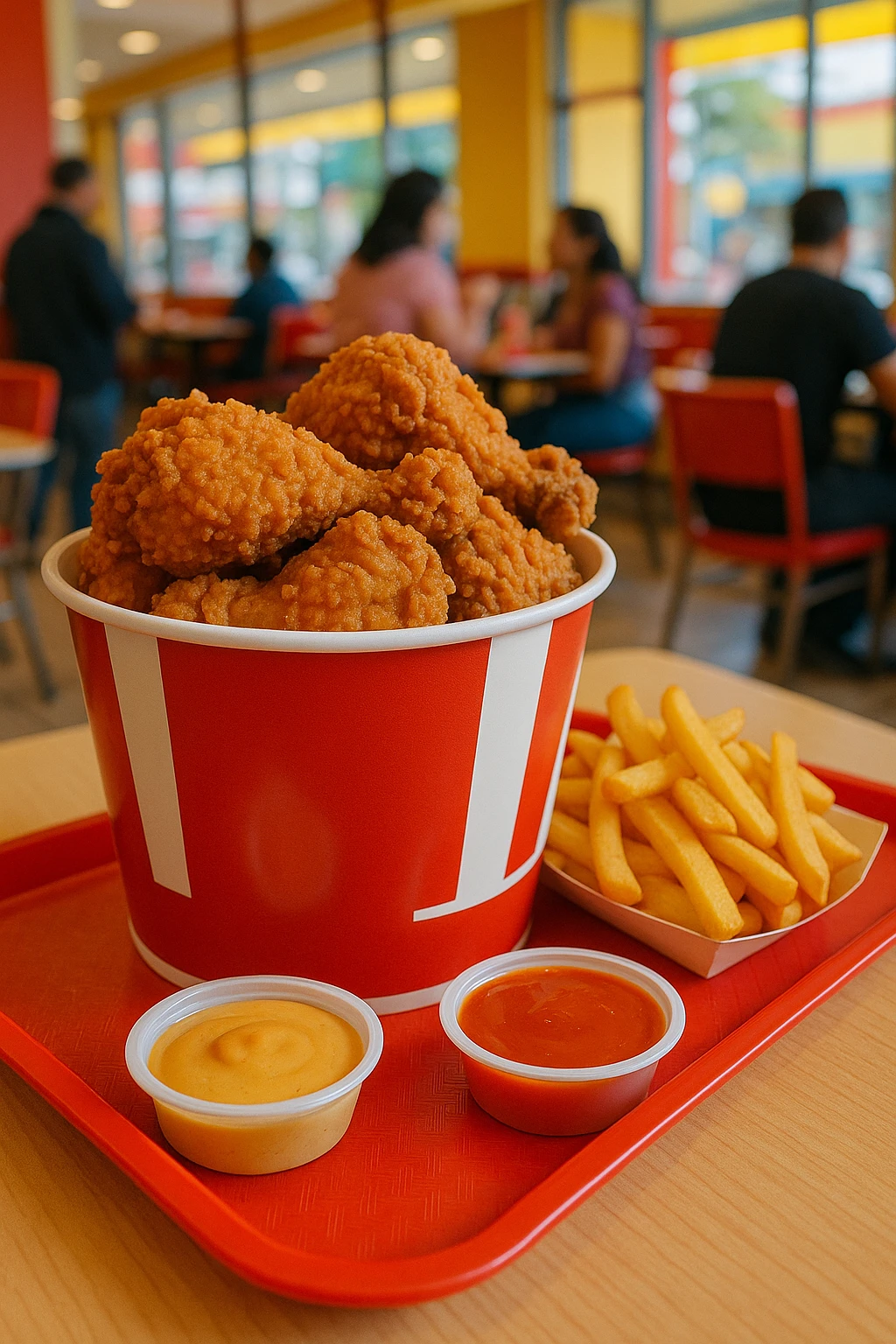 A family-style fried chicken bucket at a casual fast-food restaurant. Large pieces of juicy, crispy fried chicken piled high in a branded bucket, served with thick-cut fries and dipping sauces like honey mustard and spicy buffalo. The setting includes bright colors, plastic trays, and bustling customers in the background.