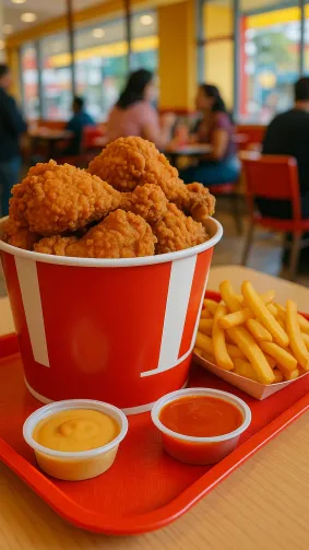 A family-style fried chicken bucket at a casual fast-food restaurant. Large pieces of juicy, crispy fried chicken piled high in a branded bucket, served with thick-cut fries and dipping sauces like honey mustard and spicy buffalo. The setting includes bright colors, plastic trays, and bustling customers in the background.