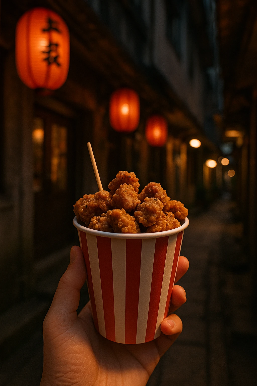 Taiwanese popcorn chicken cup held against lantern-lit Taipei alley — warm tungsten ambience, candid street style.