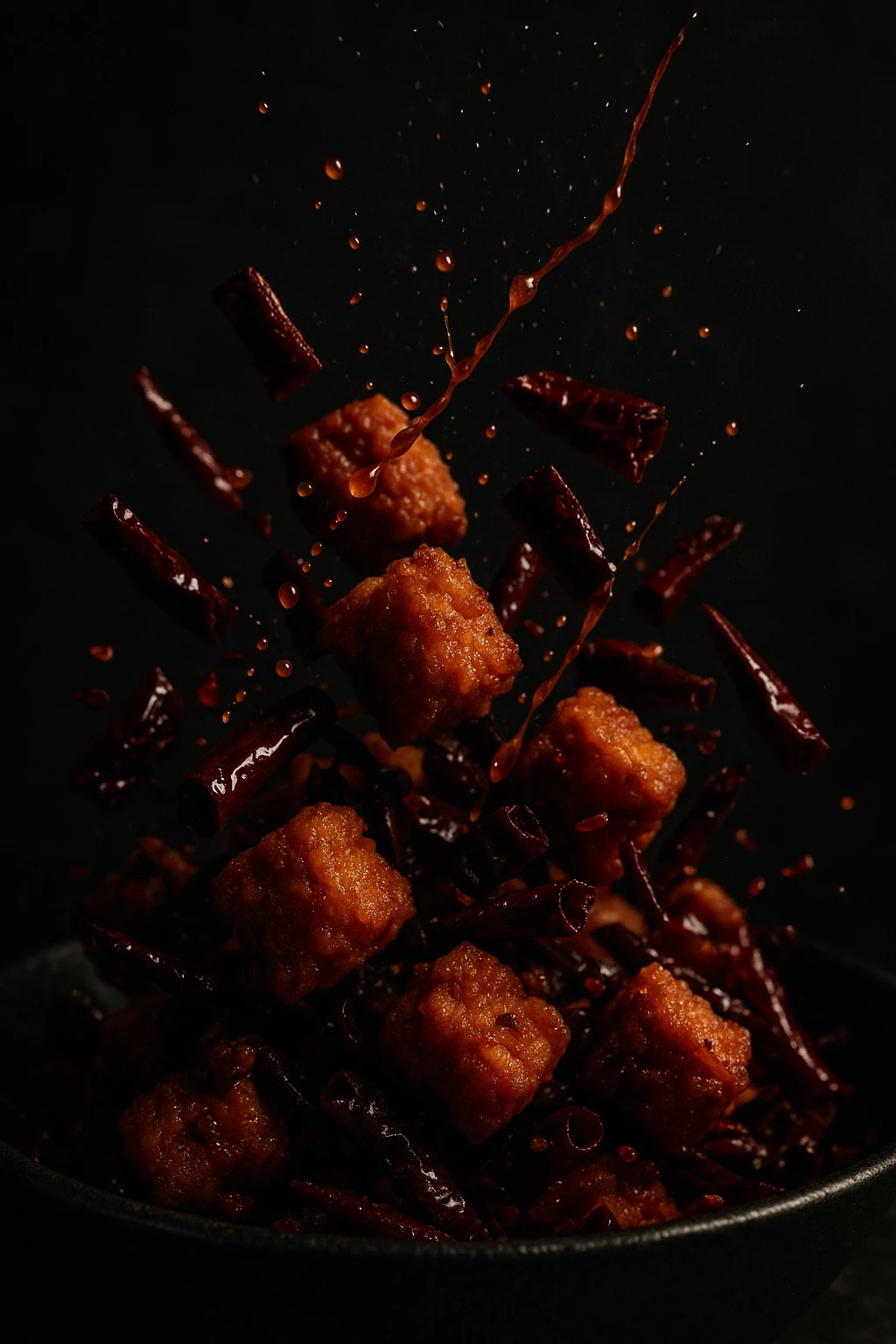 Sichuan spicy dry-fried chicken bites tossed with chilies, fiery oil splash — macro action, noir studio backdrop.